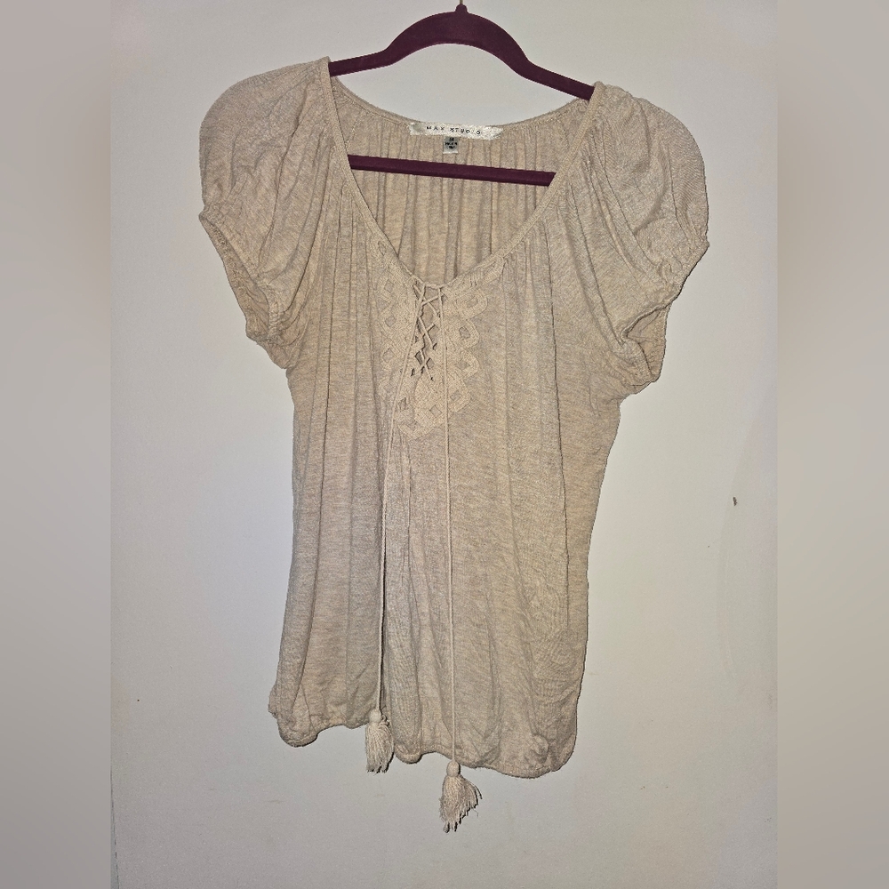 MAX STUDIO NWOT Women Beige Peasant Crochet Trim Lace Front Tassel Top SIZE:M